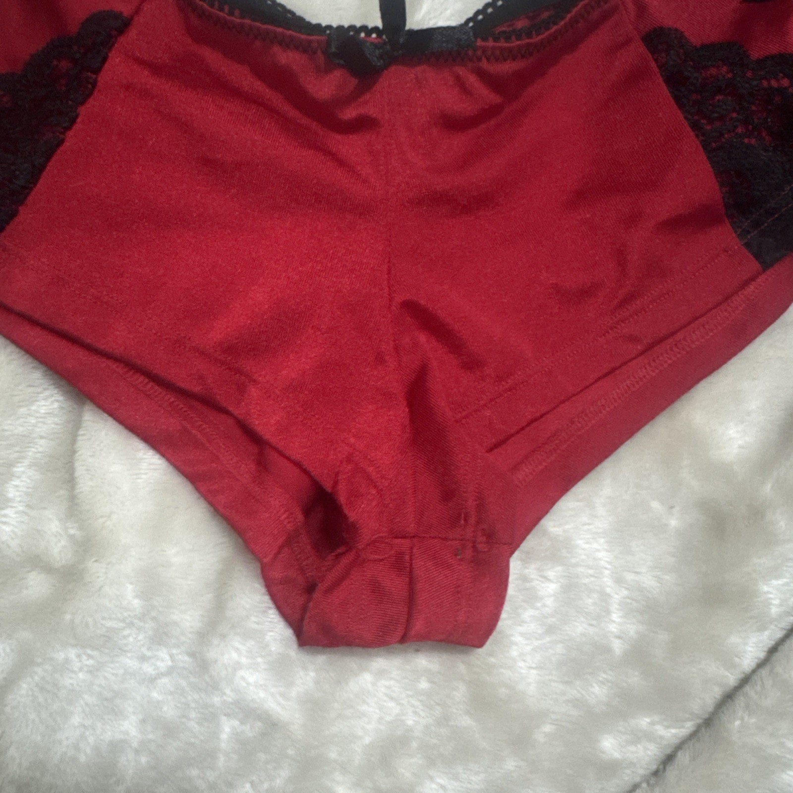 Vintage Black Fuchsia Satin Red Black Lace Sides Bikini Panty Stretch Sexy