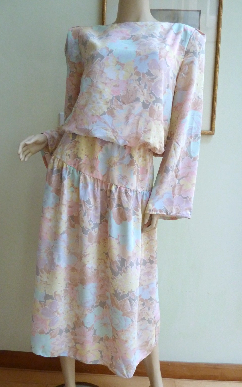 Connections Dress sz 12 Pastel Floral Long Sleeve Union Made USA 80th VTG