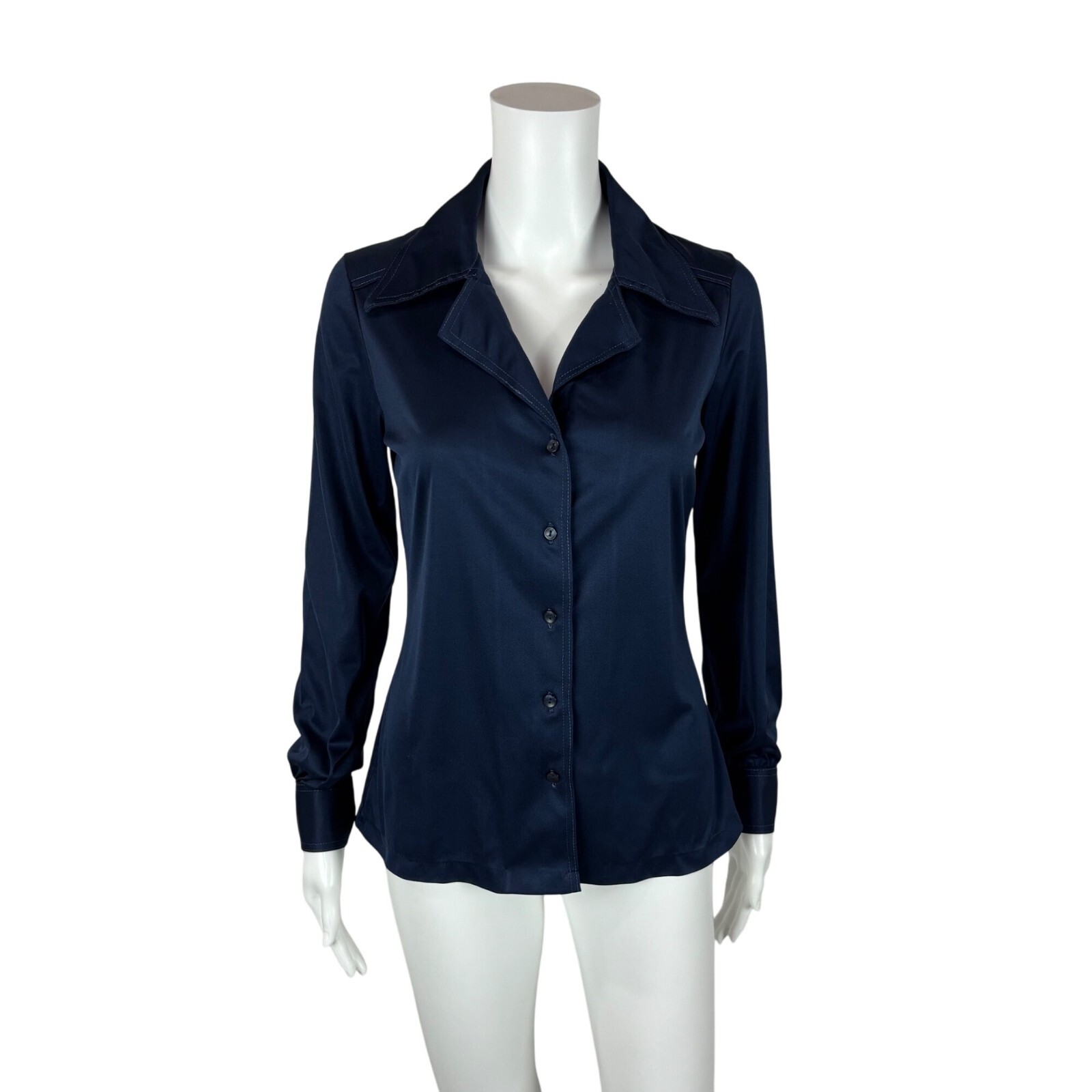 Vintage 70s Disco Blouse Women’s Medium Dark Blue Shiny Going Out Top