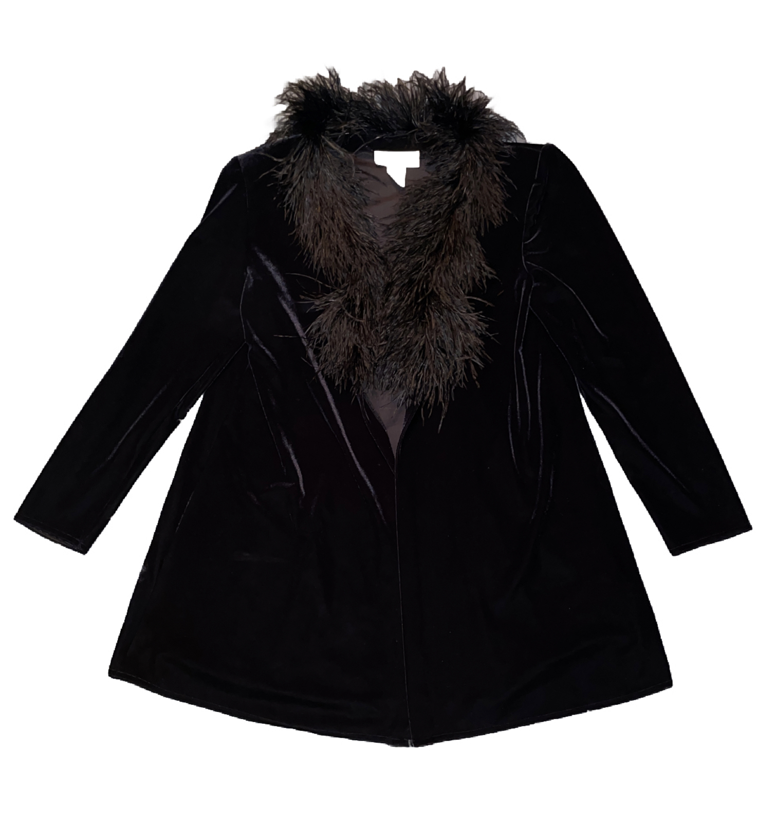 Vintage Patra Long Velvet Open Black Coat With Ostrich Feather Trim Size SM