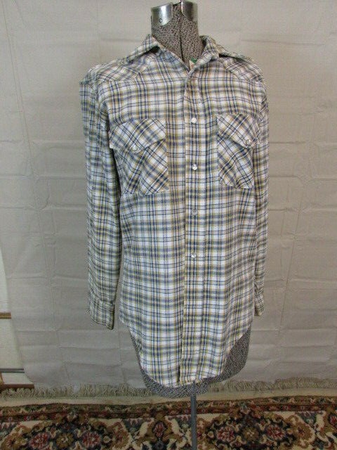 Vintage JC Penney Big Mac Plaid Shirt Top size M blue yellow No-Iron snaps