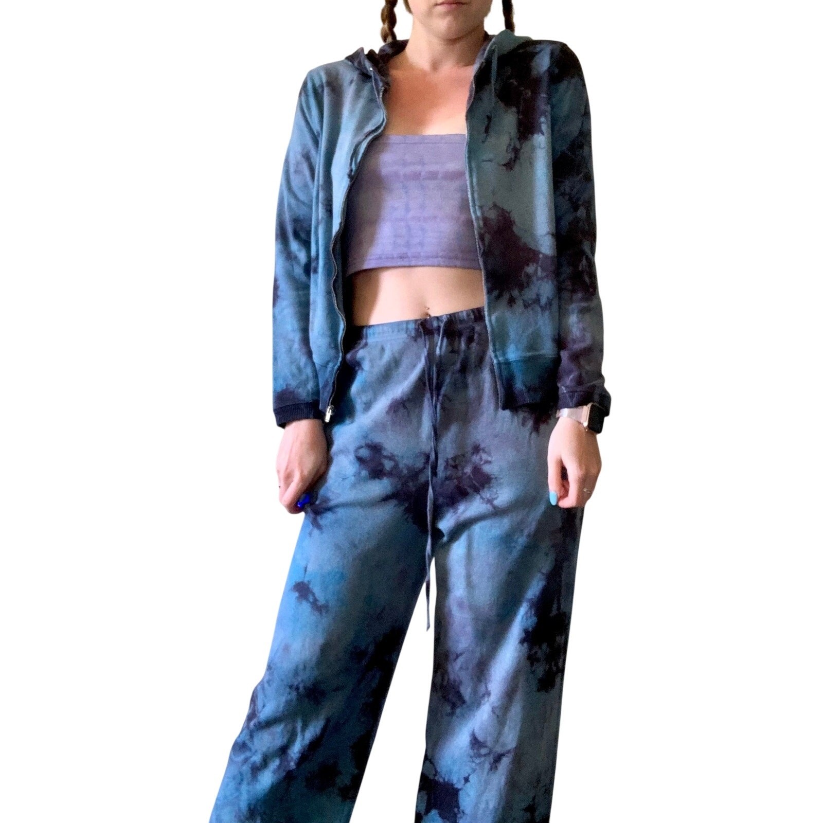Hand Dyed Shibori Tie Dye Zip Up Hoodie & Jogger Sweatpants Set Blue Jones NY