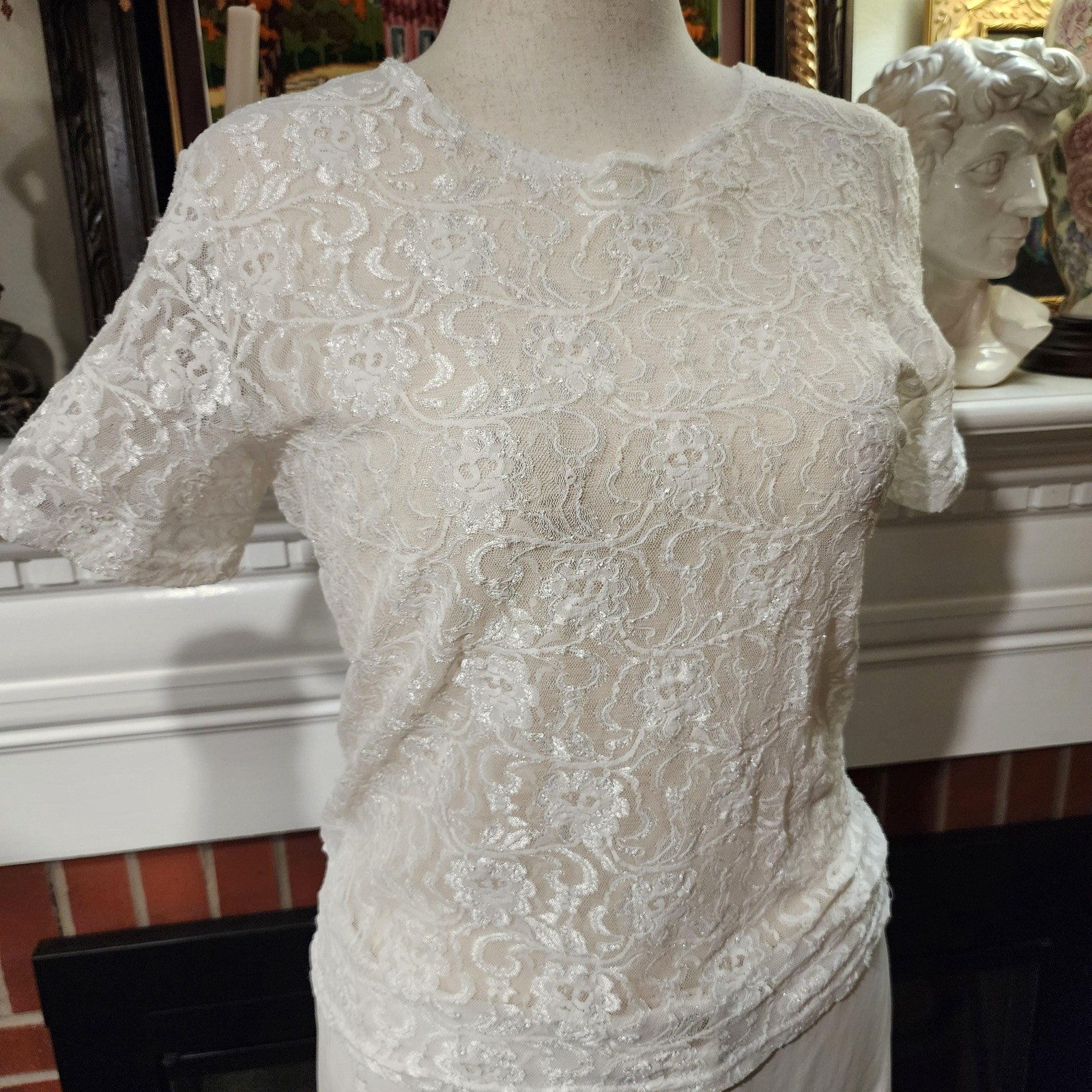 Willow Ridge Vintage 70s Ivory Lace Short Sleeve Top Crew Neck Womens Medium
