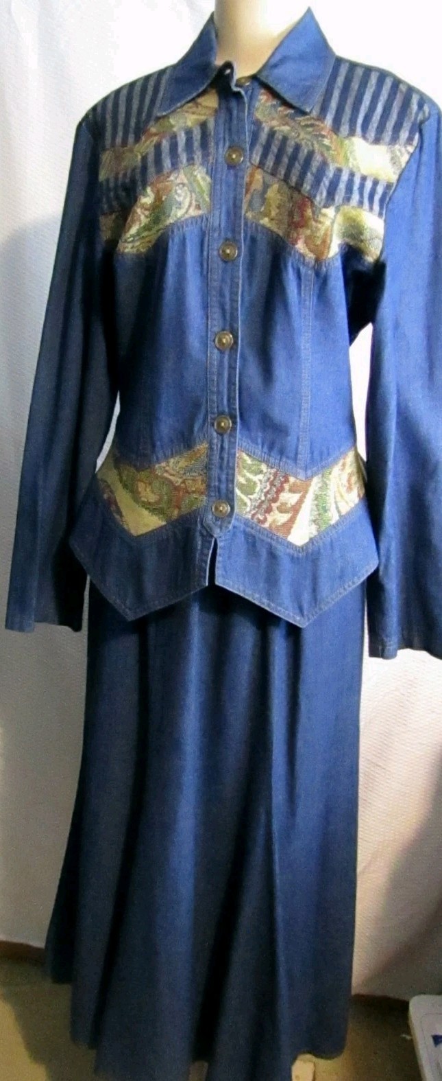 Vtg Spencer Alexis Denim Maxi Skirt jacket/Shirt 2Pc Western Cowgirl Rodeo Sz 10