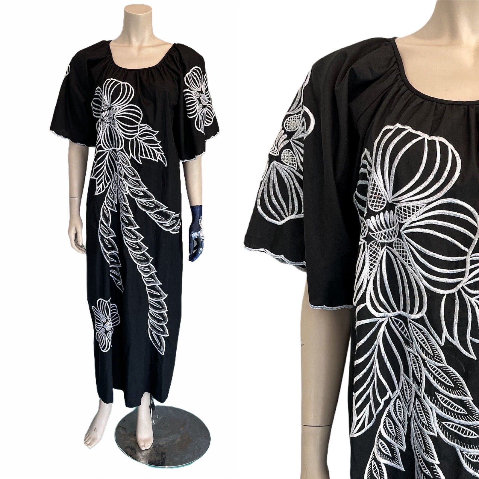 Vintage Caro of Honolulu Muumuu Hawaiian Maxi Black White Embroidery Floral
