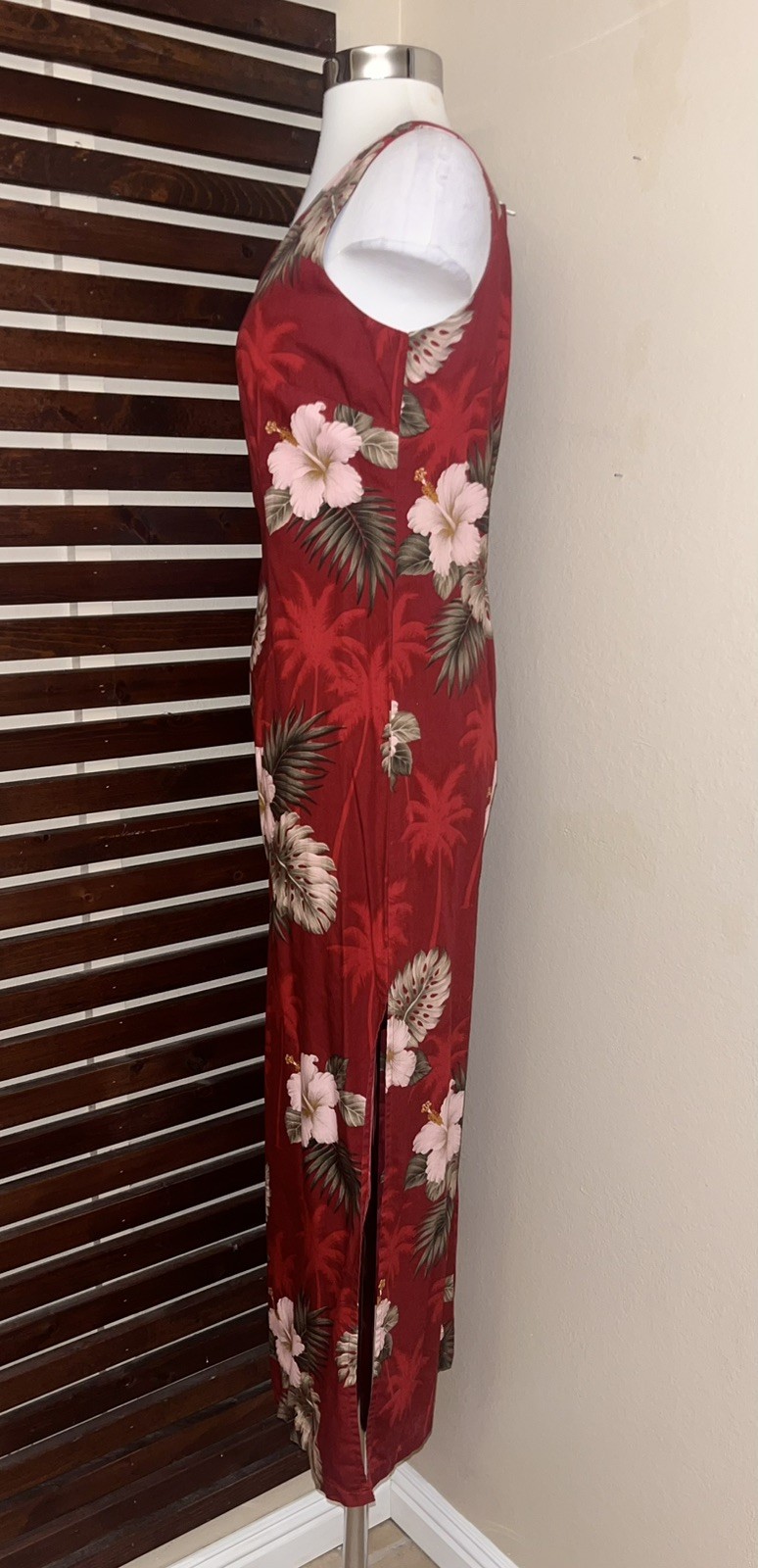 1990s 90s Vintage Red Hibiscus Floral Hawaiian Sleeveless Maxi Dress Side Slit S