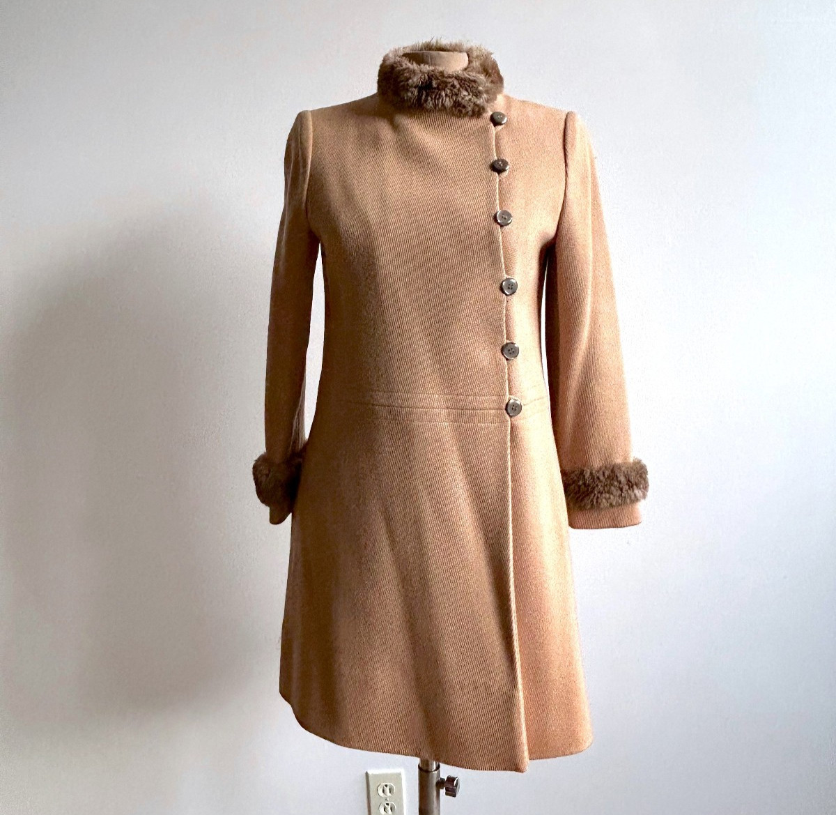 VTG S.J. Buchman Tan Wool Tailored Mod Park Avenue Coat Fur Trim sz XS 1960s