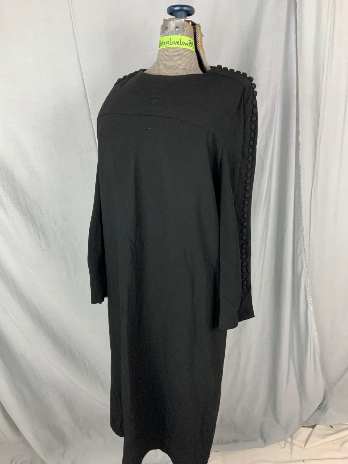 I-MAGNIN Vtg 60s Black Rayon Crepe Looped Buttons Mod Dress-Bust 40/M