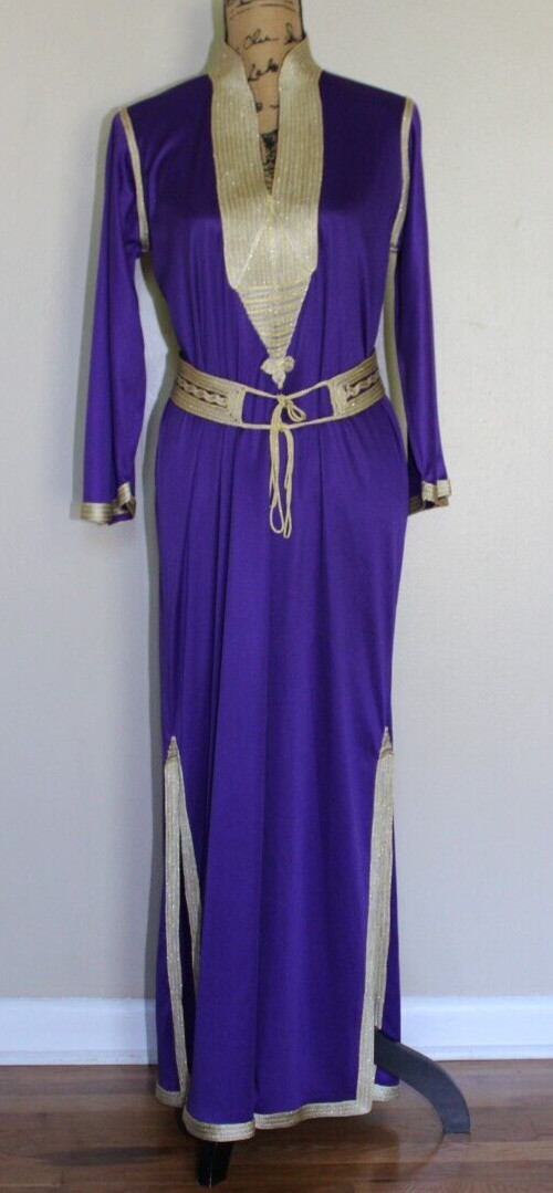 Vintage Miss Egypt Purple Gold Caftan Maxi Dress Tie Belt Women’s M