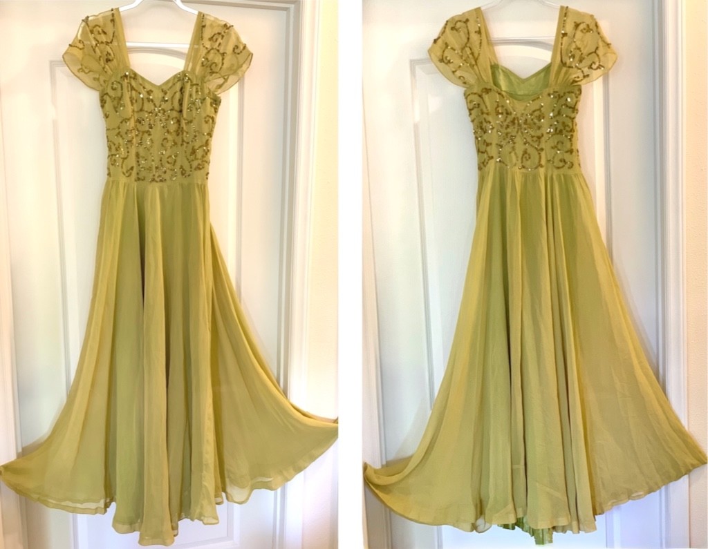 Vintage 1930s Princess Chartreuse green /yellow Chiffon & sequin Gown long Dress