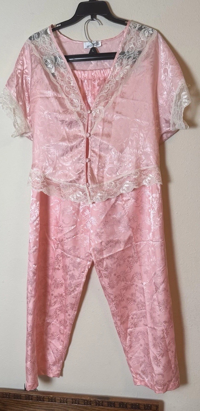Vintage Lily of France Pink Satin Lace Pajama Set 2-Piece Sleepwear