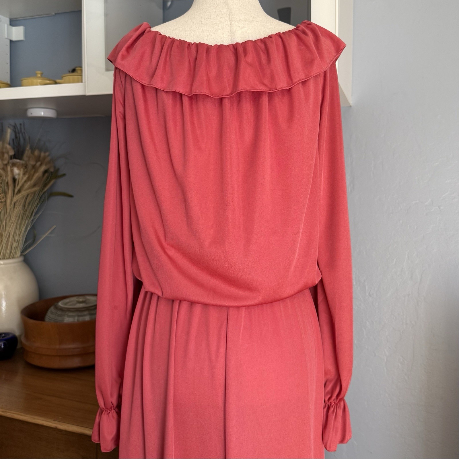 Vintage 70s Shawn Originals Ruffle Trim Cinch Waist Maxi Dress sz M Pink Retro
