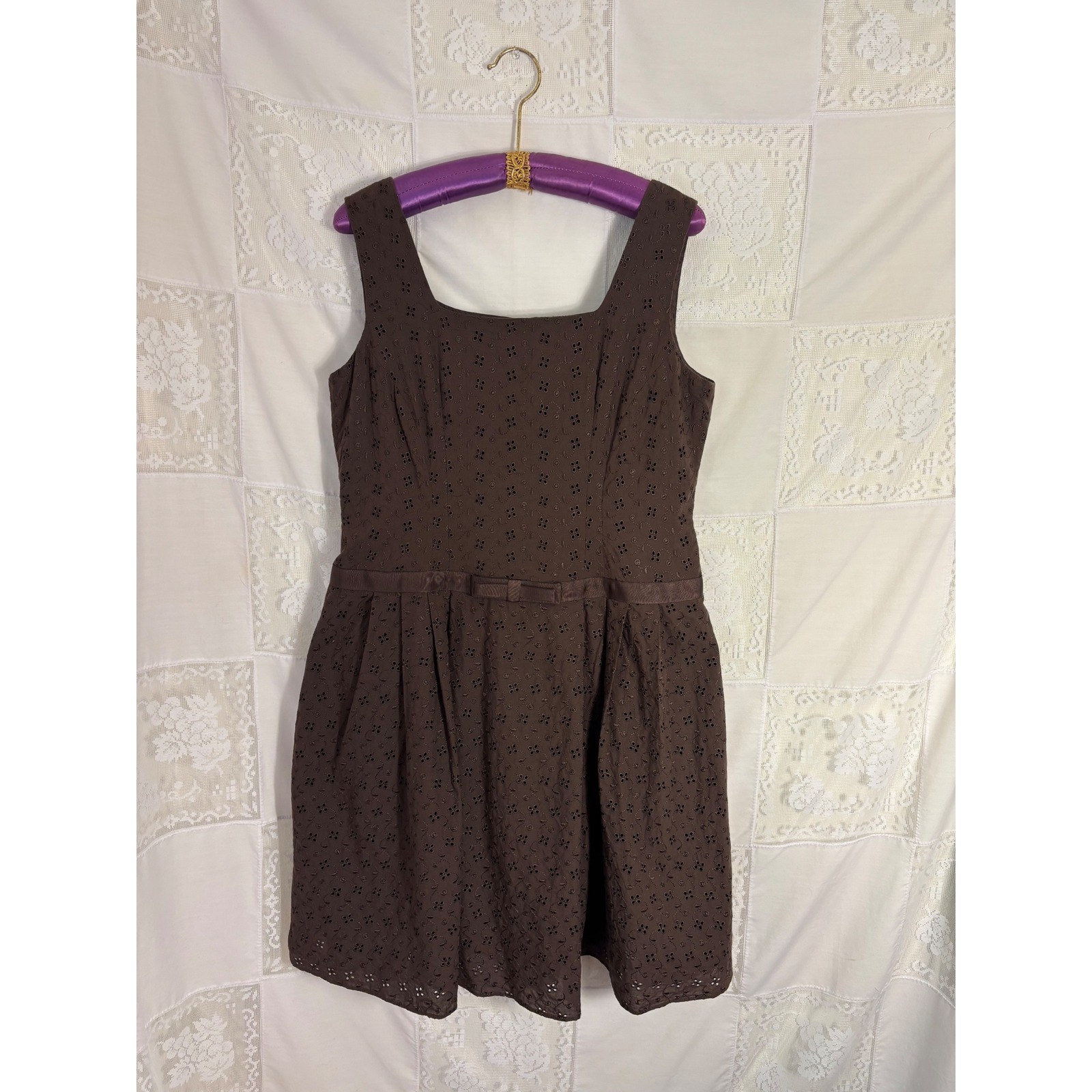 VTG Brown Cottage Twee Bow Front Babydoll Cotton Eyelet Midi Dress Size XL