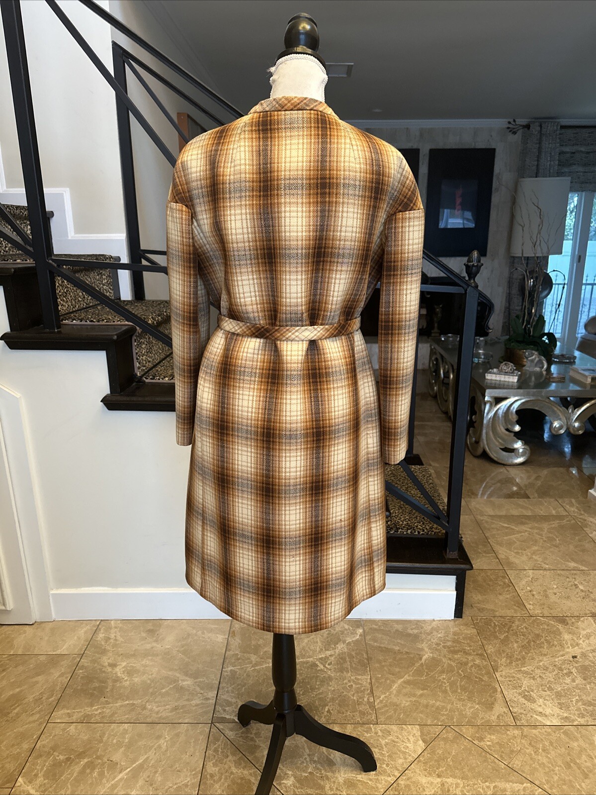 Jacques Tiffeau 60s Brown Tones Wool Blanket Plaid Coat & Pleated Skirt Set S