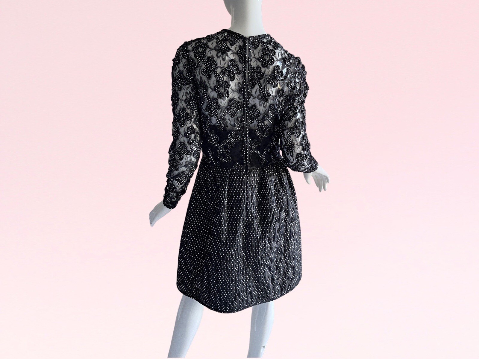 1980s Vintage Stanley Platos Designer Lace Ribbon Pleated Cocktail Party Dress S