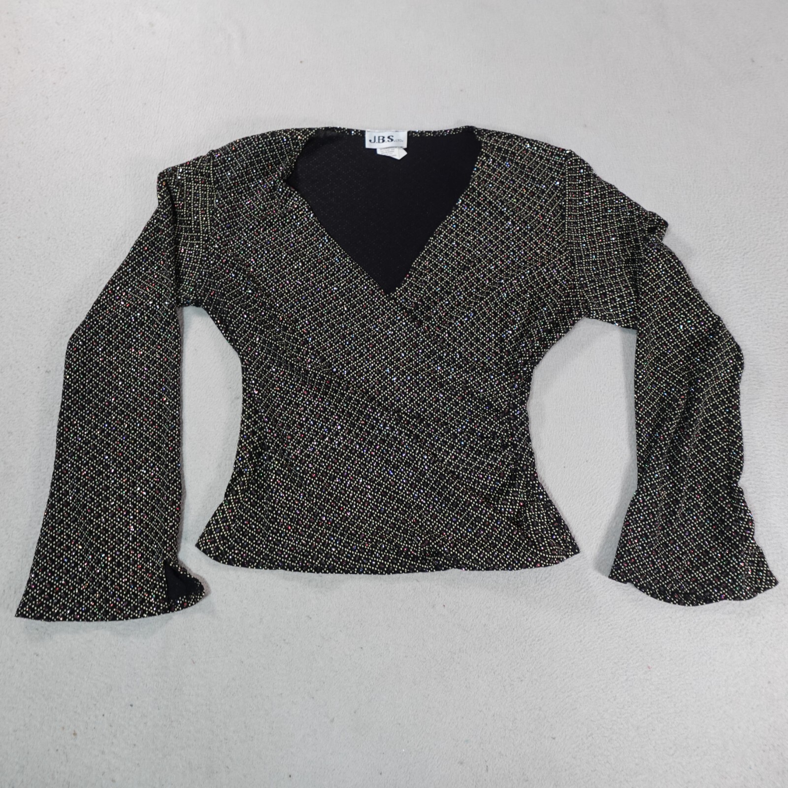 Vintage JBS Sequin Shirt Womens Medium Black Glam Boho Hippie Sparkle V Neck Top