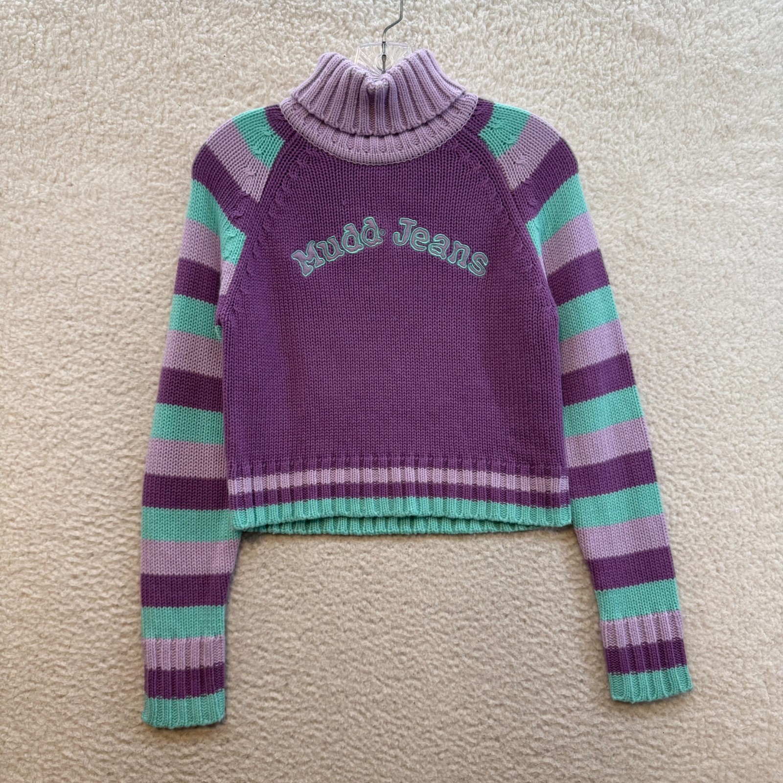 Y2K Vintage Mudd Turtleneck Sweater XS Small Purple Stripe Knit Kidcore Retro