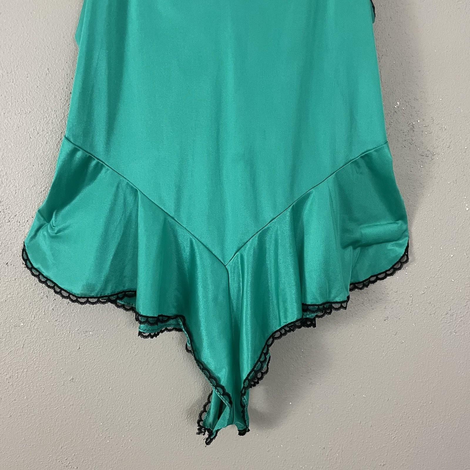 Vintage 80s Lingerie Teddy Romper Size 40 Roamans Green Satin Sissy Black Lace