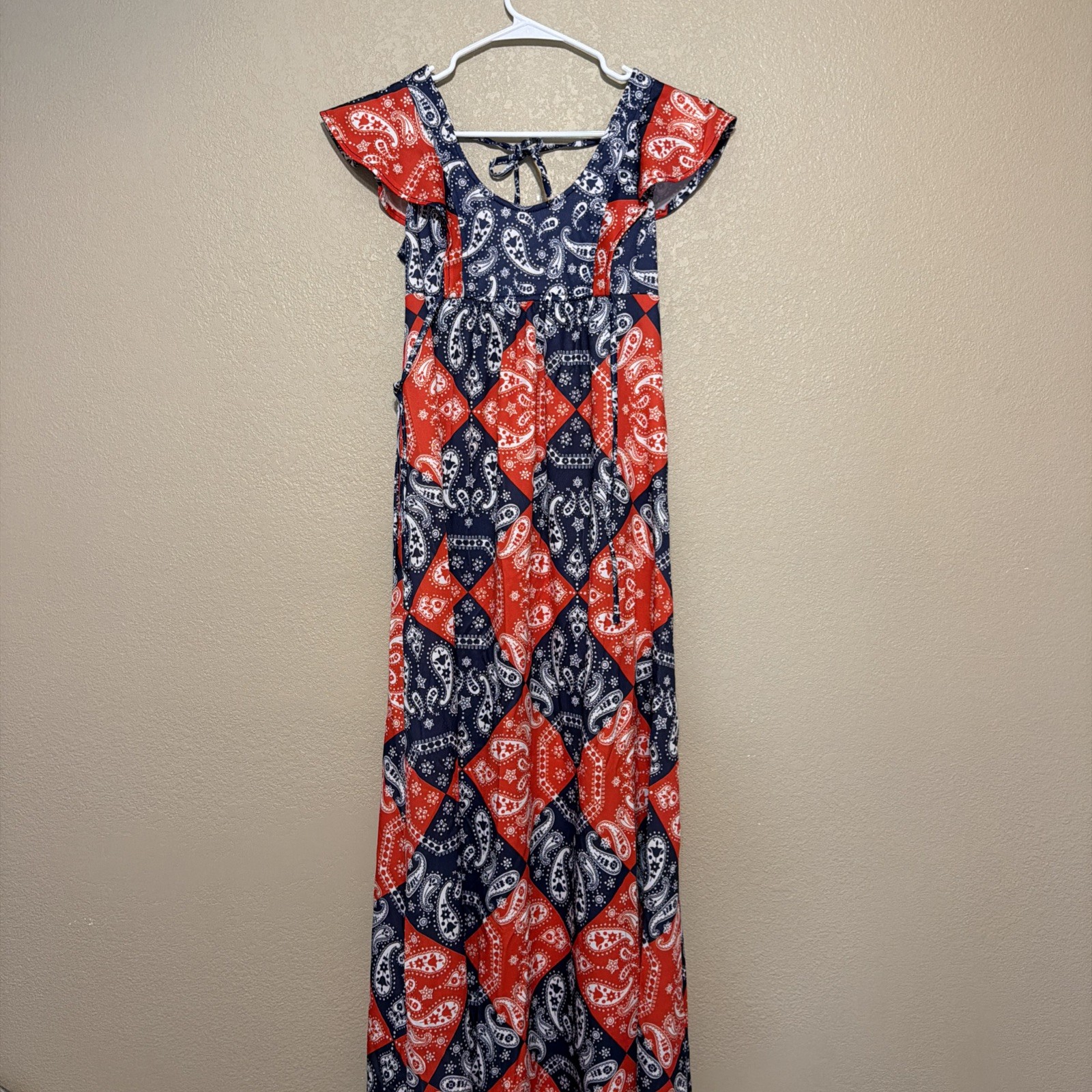 Gay Gibson Vintage Red & Blue Bandana Patchwork Print Maxi Dress Union made USA