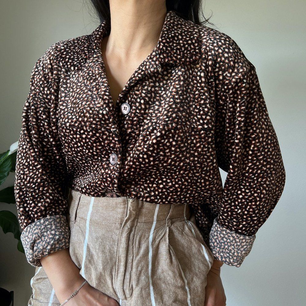 vtg 90s Clio velvet jacket blouse brown black leopard shirt size Large button up
