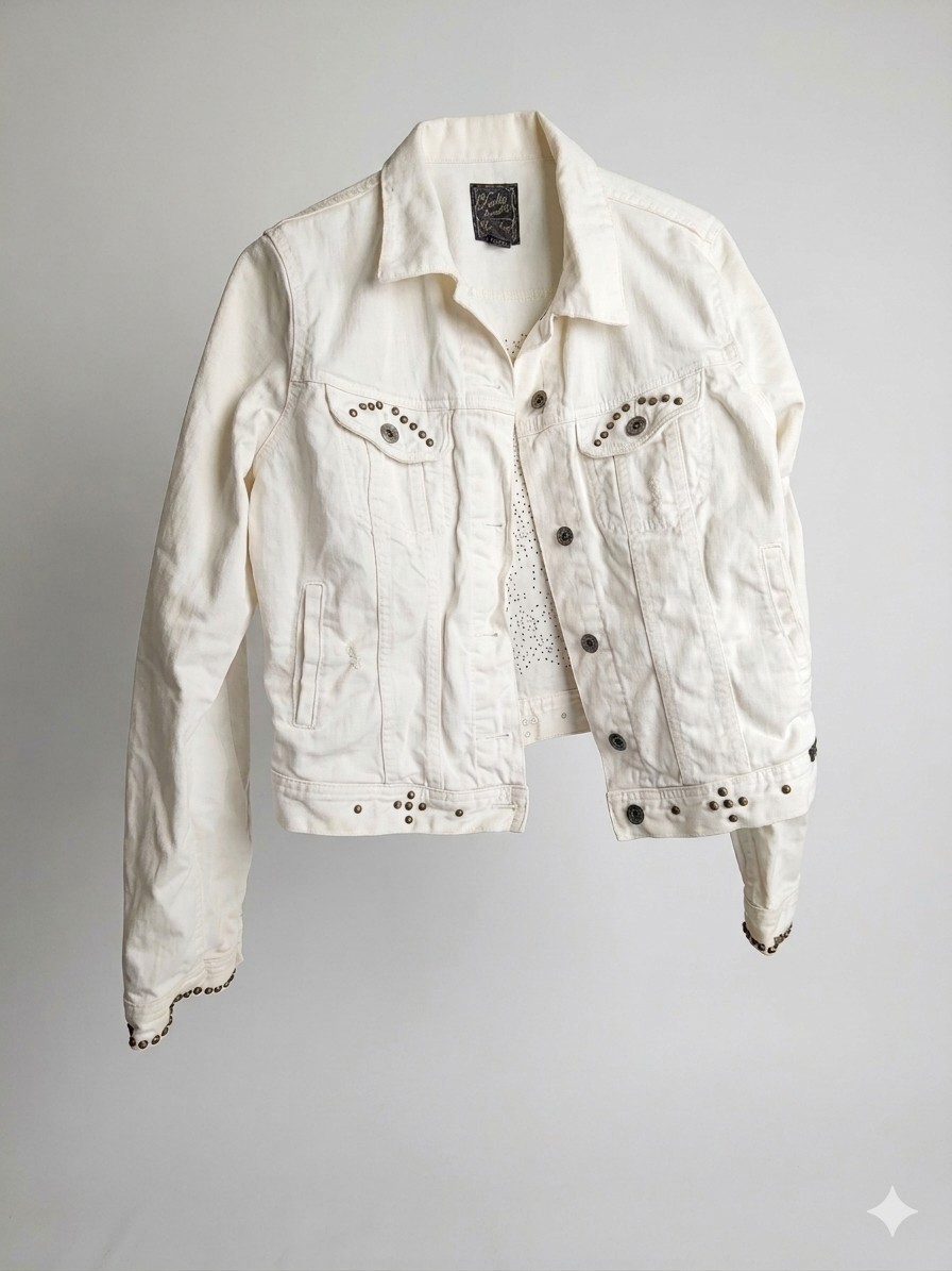 Lucky Brand Studded Denim Jacket XL White Cream Heavy Metal Studs Boho Medallion