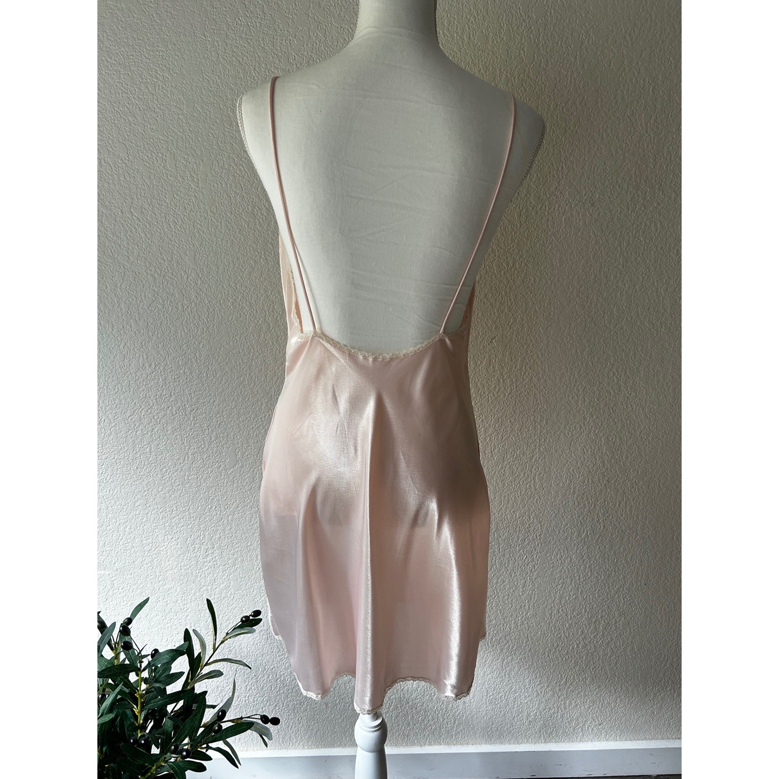 Vintage TJW Mervyn’s Pink Satin Slip Dress Lace Floral Appliqué M
