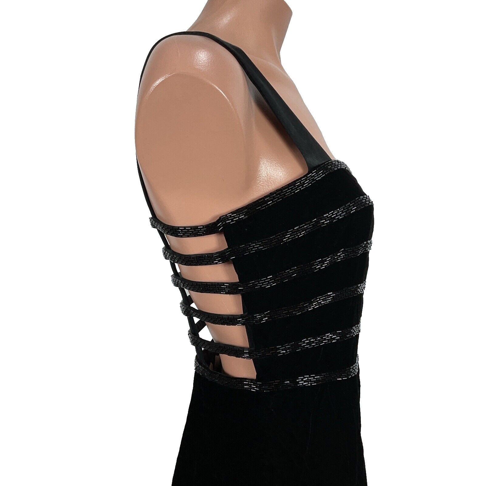 Vtg Nite Line Della Roufogali Beaded Strappy Black Velvet Dress Caged 4 90s