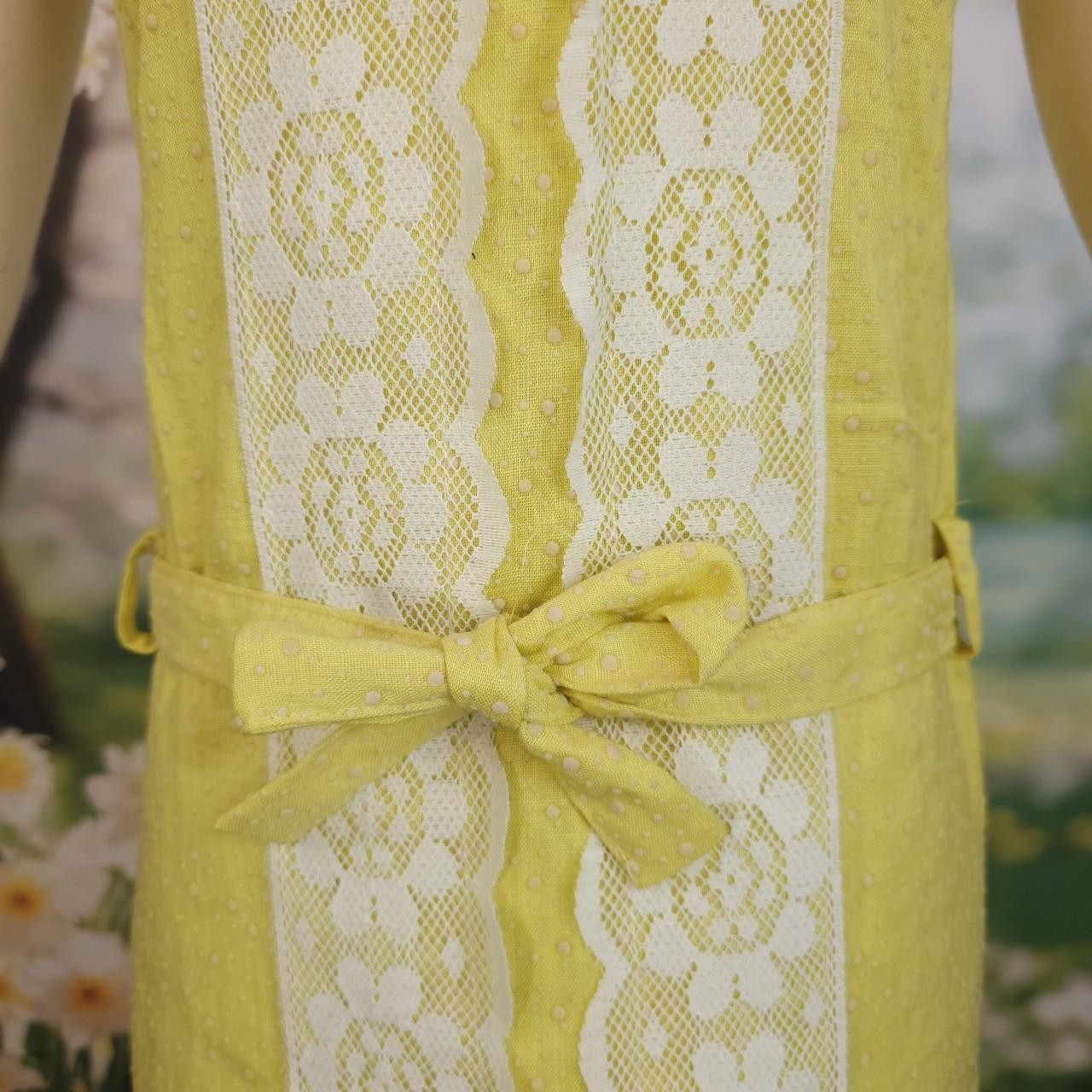 1960s Yellow Lace Trim Polka Dot Spring Dress Bow Tie Belt at Hip Sleevelss Gown
