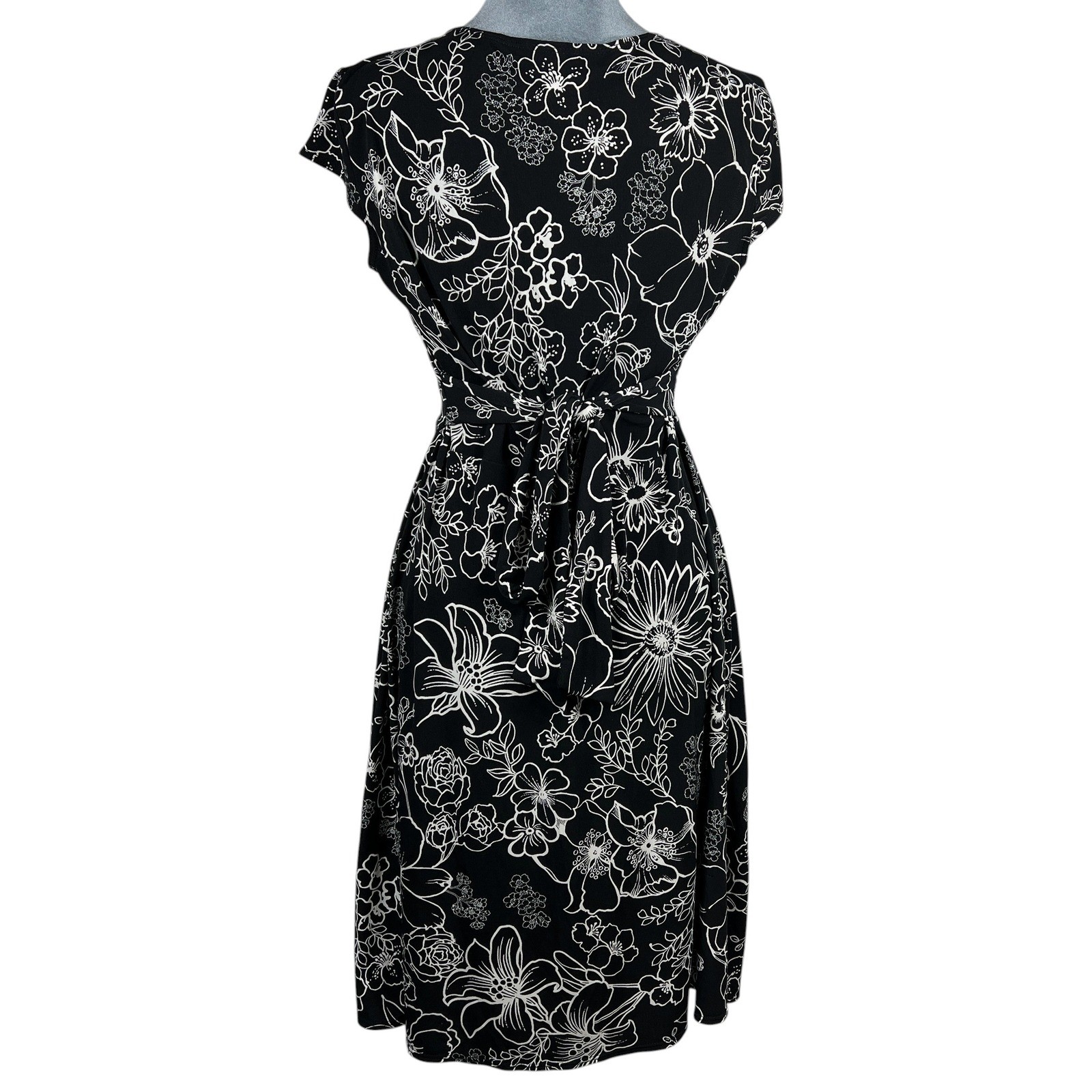 Vintage Y2K Floral Mock Wrap Midi Dress 11/12 Black White Tie Back Empire Waist