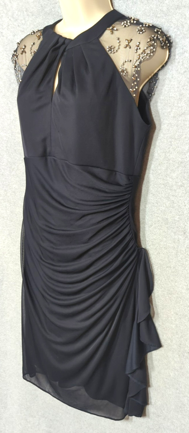 Vtg Party Cocktail Dress 12 Studded Cap Sleeve Dark Navy Blue Ruched Ruffle Sexy