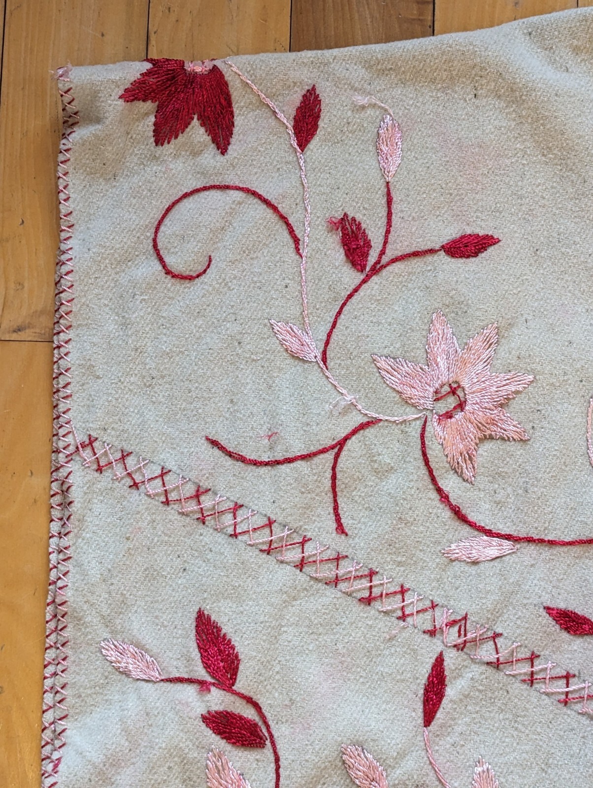 VTG Boho Chic Hippie Unbleached Wool Red Velvet Embroidered Fringe Poncho OOAK