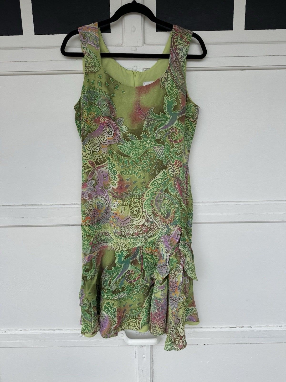 VTG Althuser Dress Viscose Green Pink Ruffled Bottom Batik Zipper Lined Sz 12