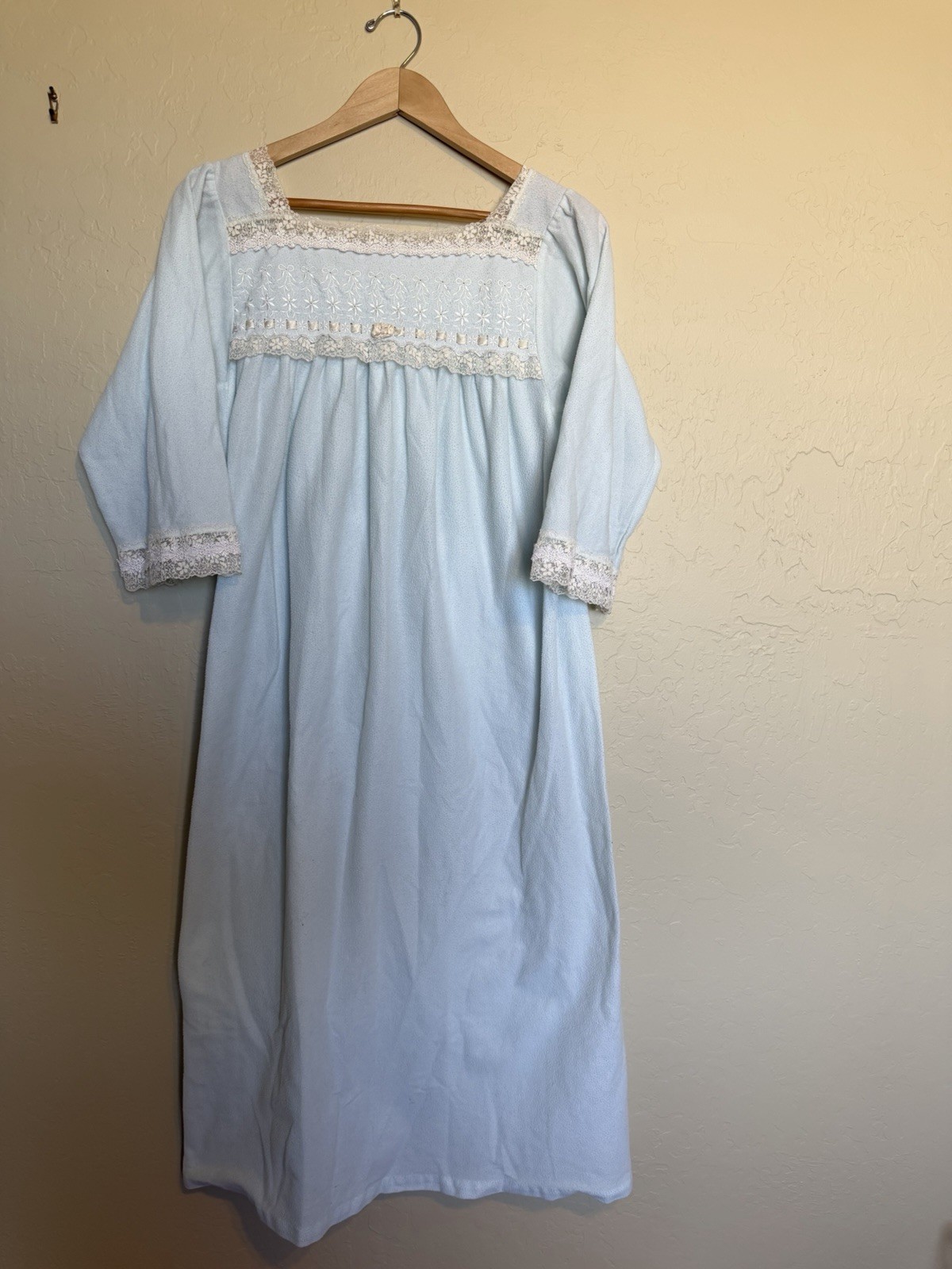 Vintage Christian Dior Women’s Blue Nightgown Embroidered Front Placket Lace Bow
