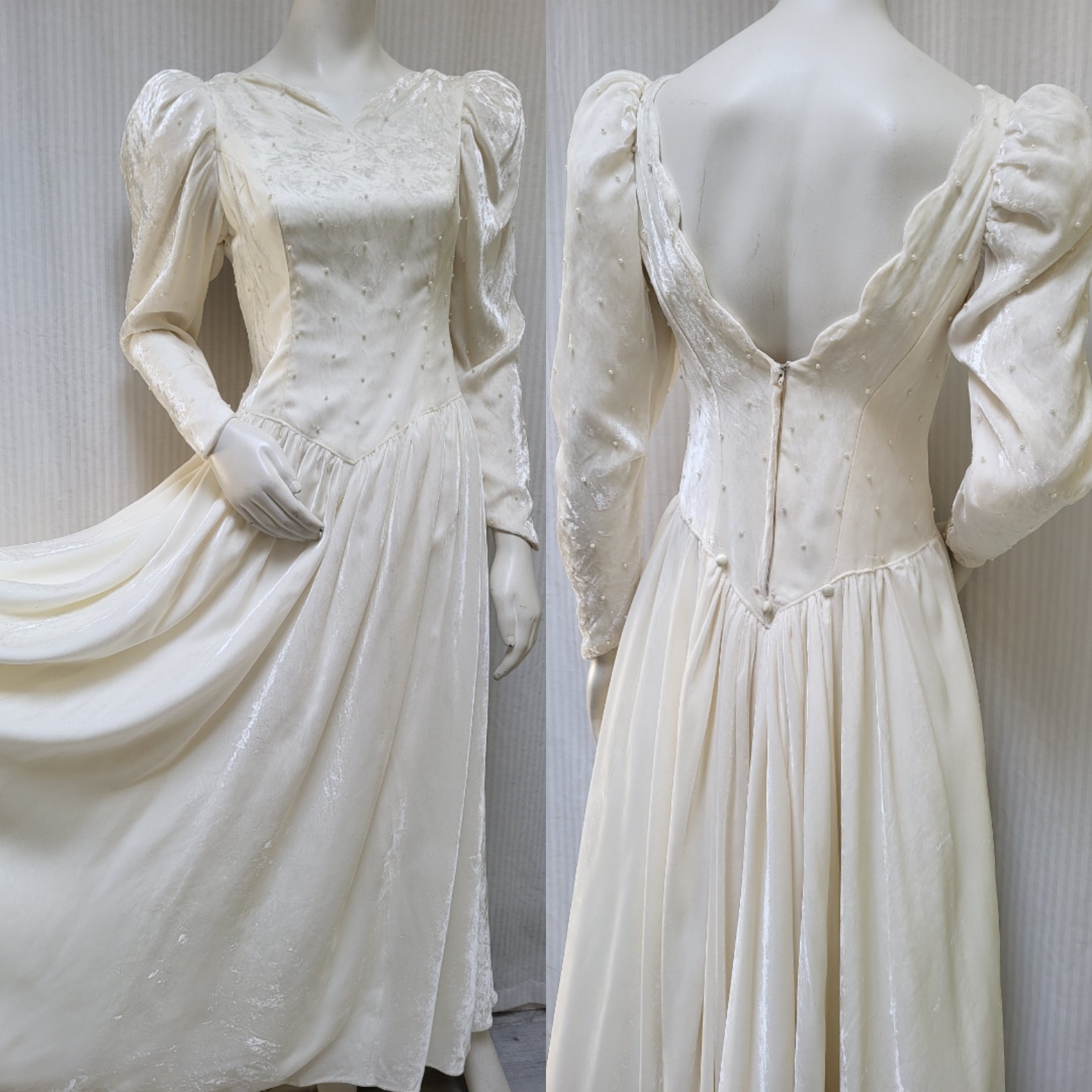 Beautiful Vintage Winter White Velvet and Pearls Maxi Dress Wedding Gown – S/M