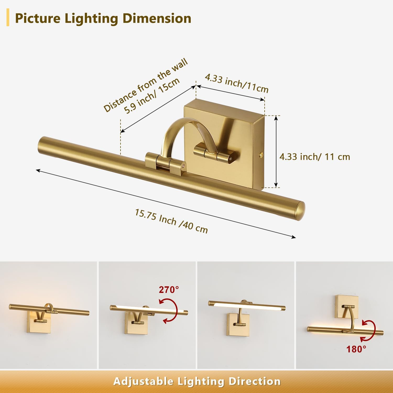 Brass Picture Lights for Wall Hard-Wired LED Picture Lighting Dimmable Art Light