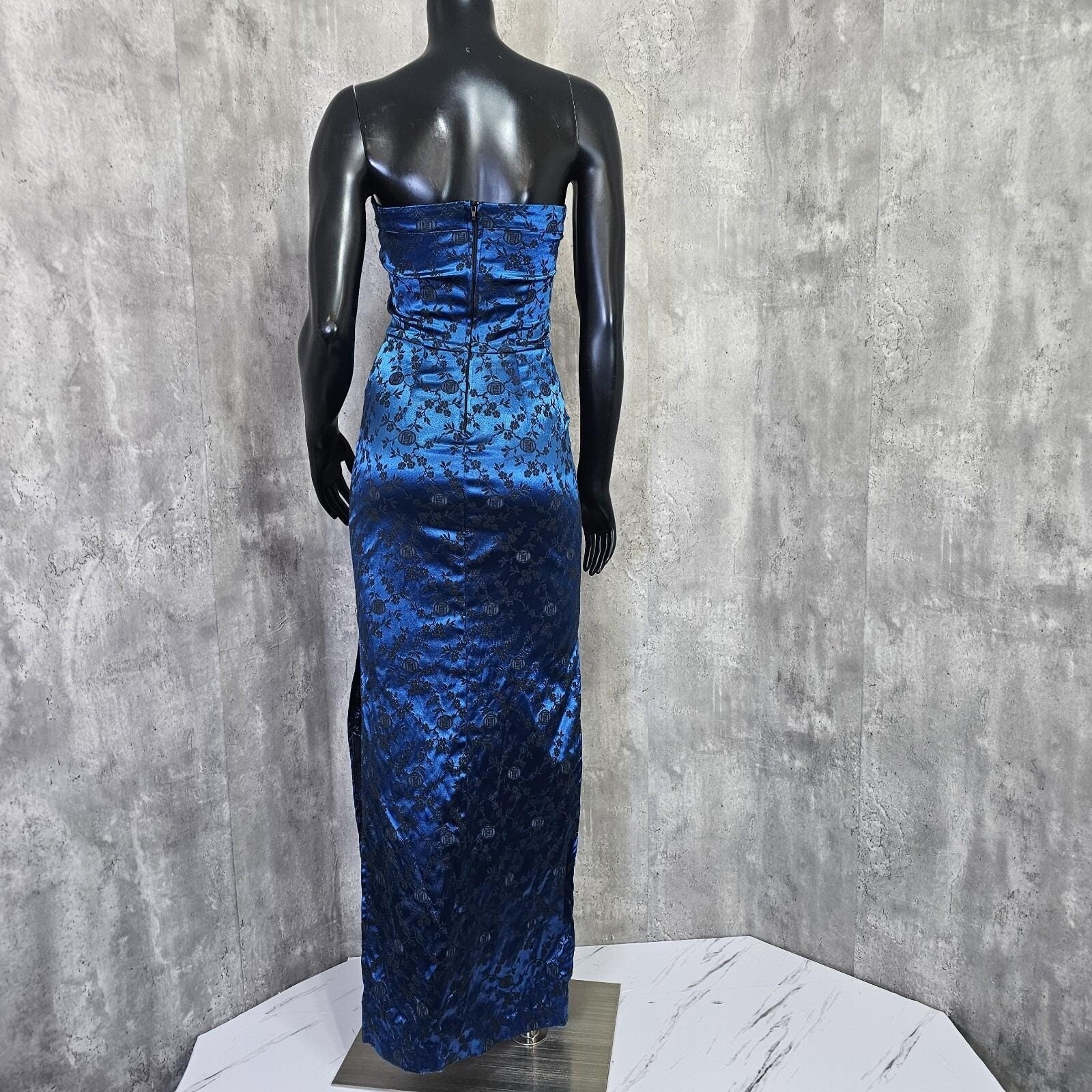 Vintage 90s L.A. Glo S Blue Black Floral Brocade Strapless Maxi Dress USA