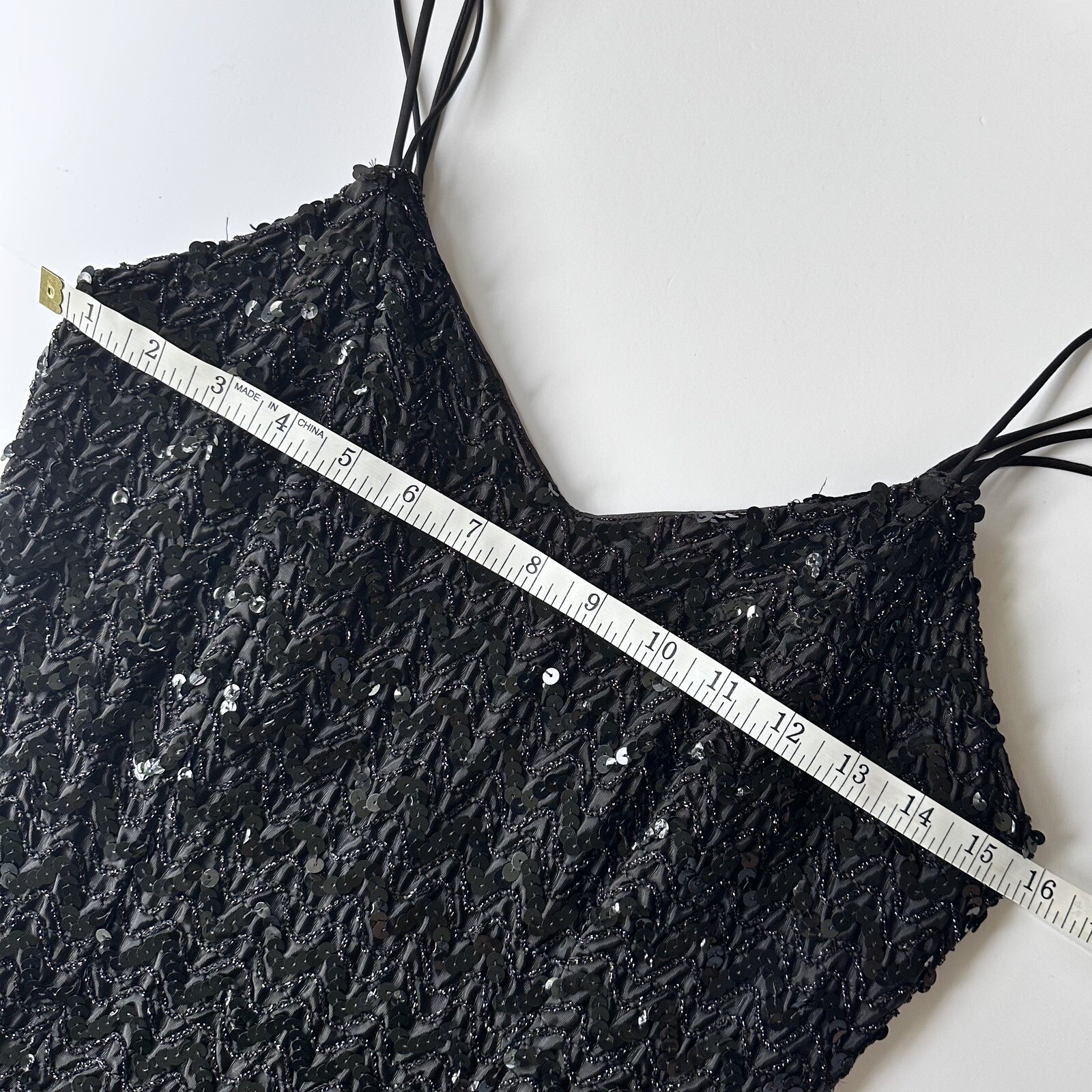 Vintage 1960s Low Back Sequin Black Mini Dress w/ Double Spaghetti Straps