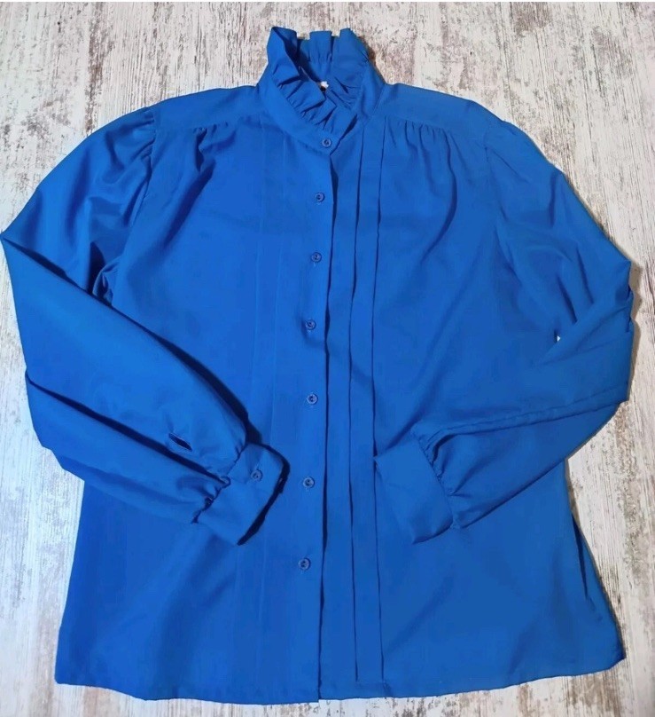 Vintage 80s Blouse Victorian Ruffles Royal Blue Button Up Shirt Luxury Pretty 12