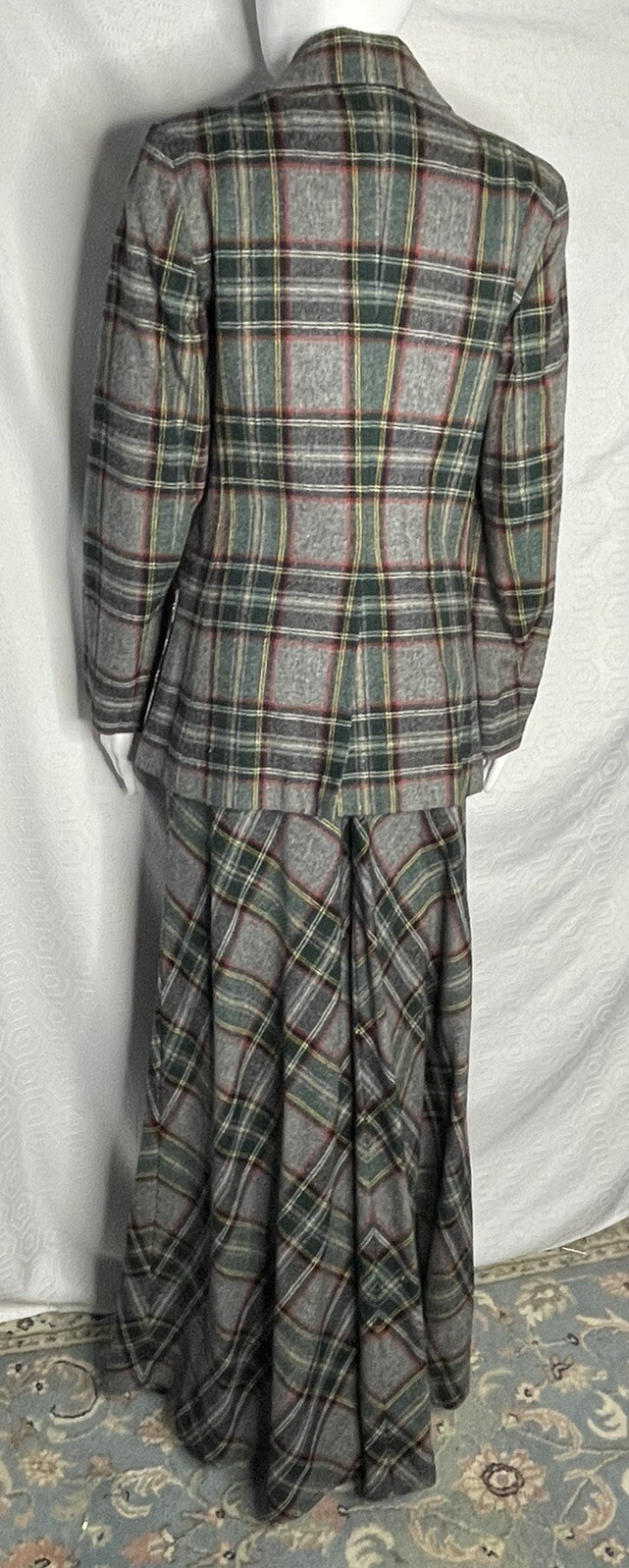 Vintage 70s Maxi Skirt Blazer Suit Wool Plaid 9/10 Wide Lapels Gray Green Red JH