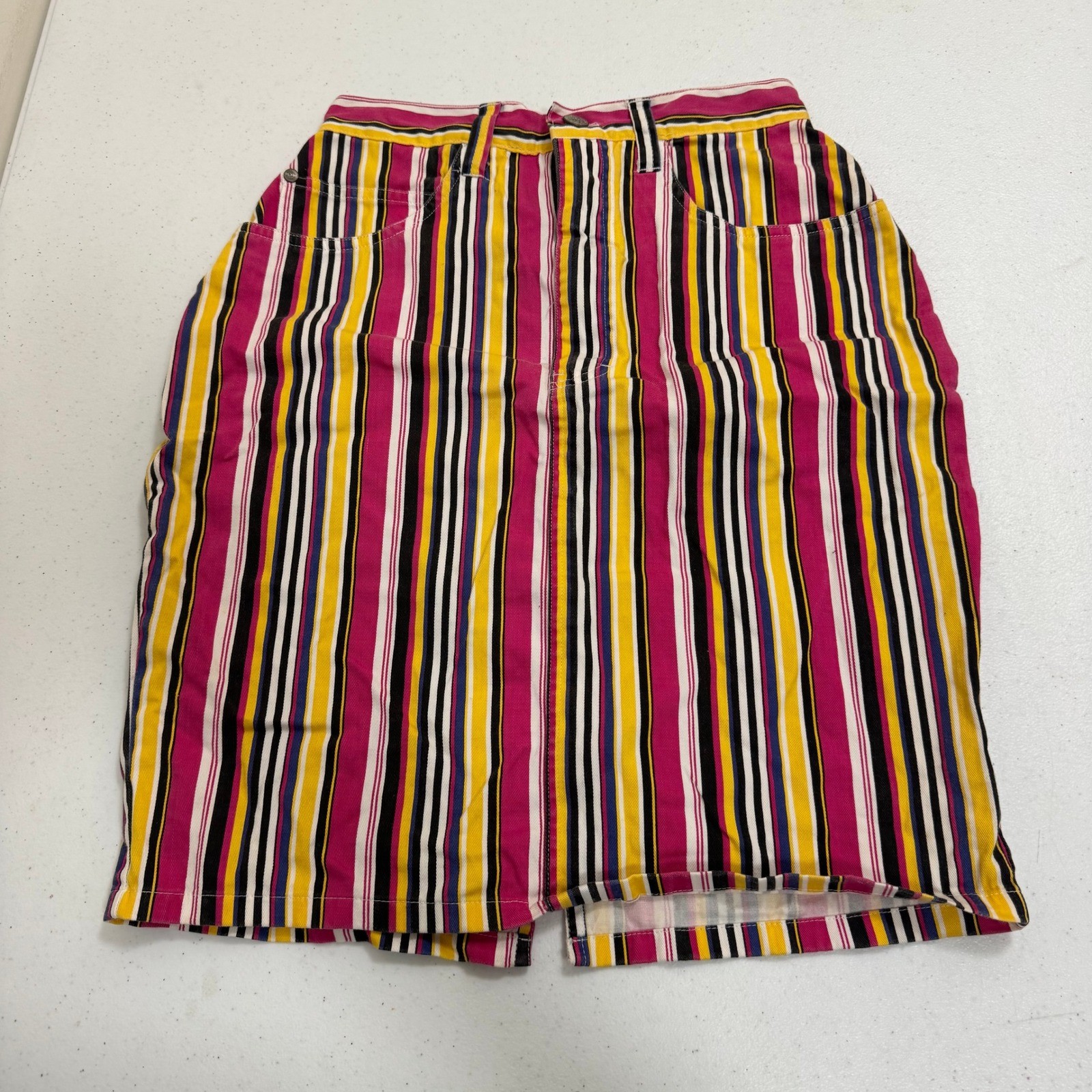 Vintage Gitano Striped Denim Pencil Skirt Pink Yellow Black White Size 7/8 90s