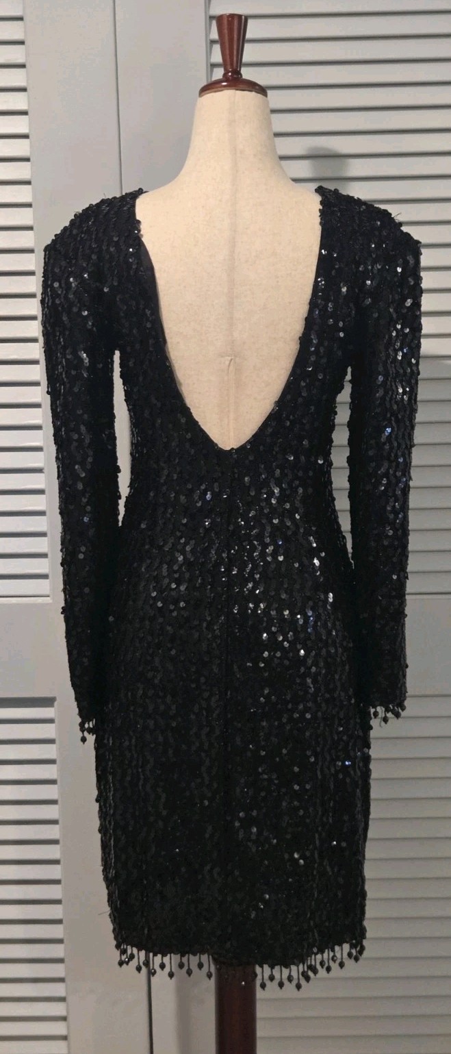 Glenrob Black Sequin Beaded Fringe Hem Long Sleeve Vintage Dress