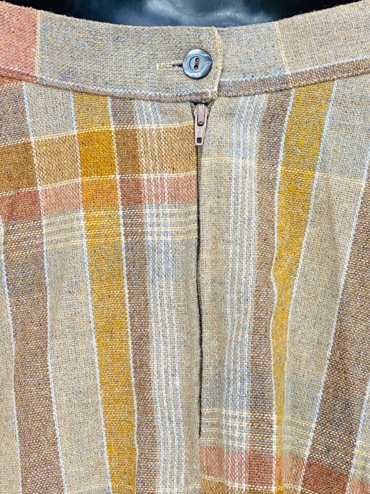 Vintage 1970s tan wool plaid skirt, below knee high waist gold A line boho S