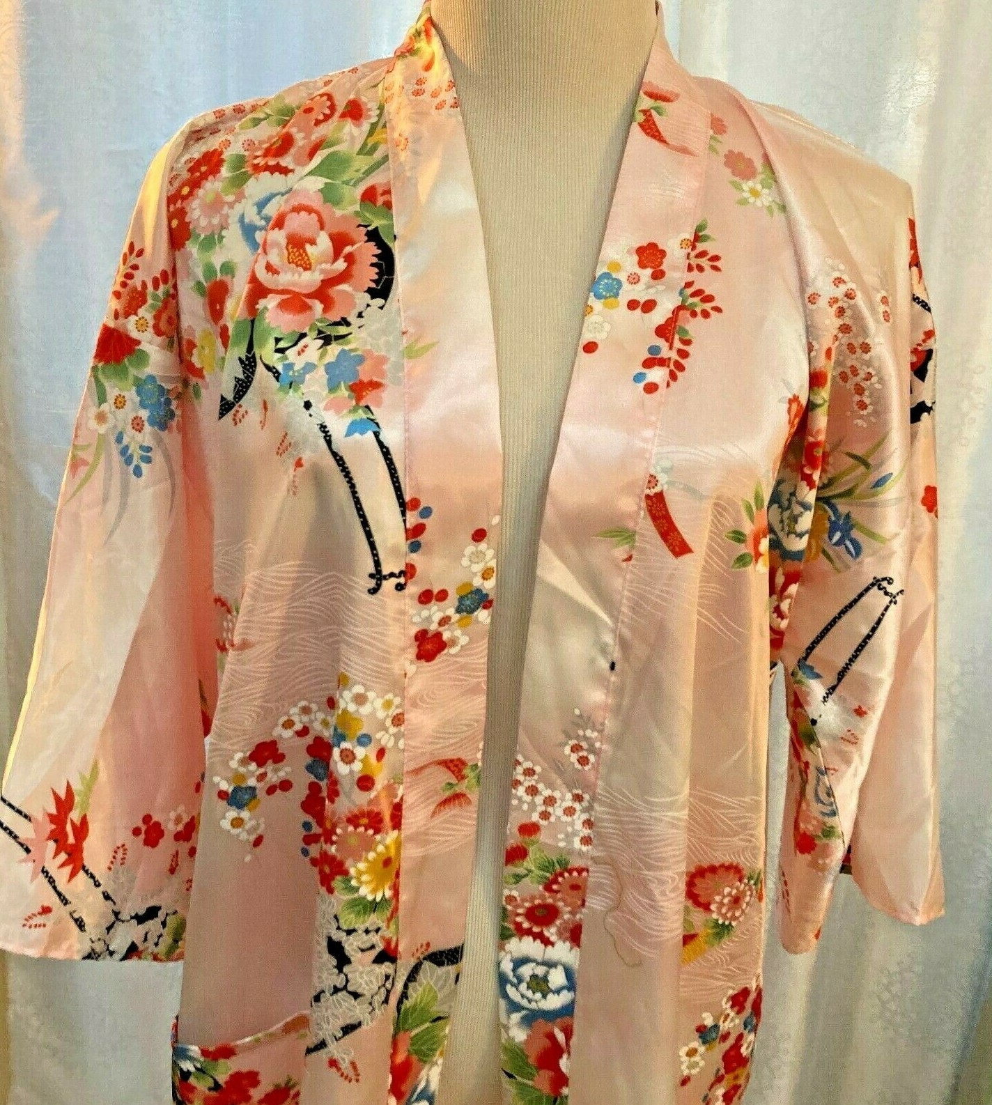 Vintage New Ichiban Japan Gown Kimono Robe Pink Floral Asian Oriental Size 42