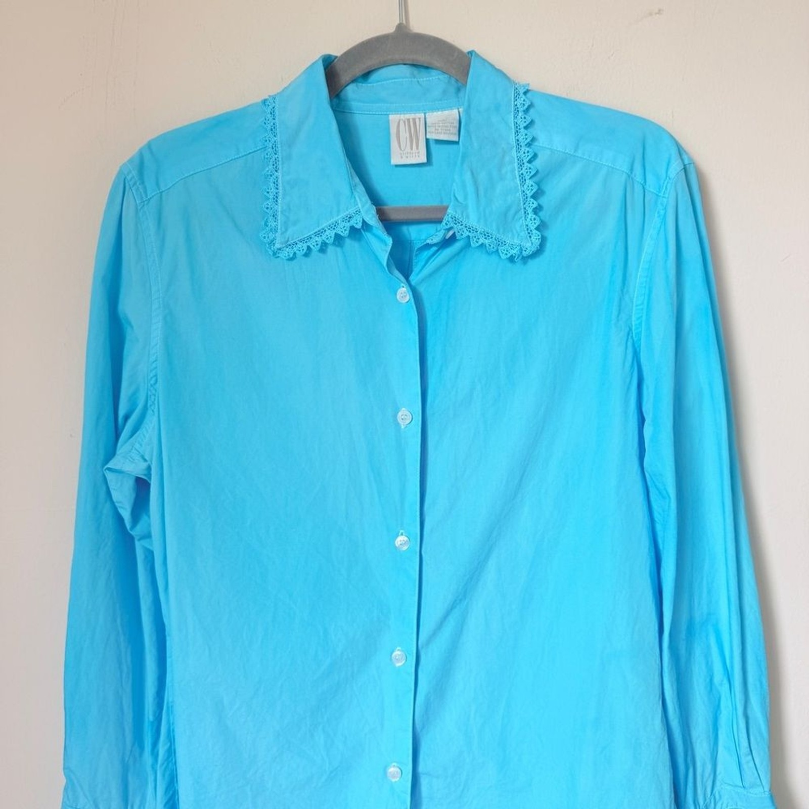 Vintage Hand-dyed Turqoise Aqua Blue Button Down Shirt Blouse Top Eyelet Trim 12