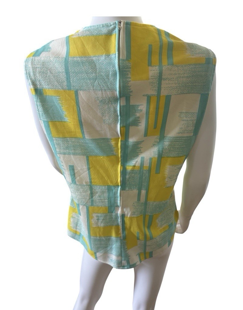 Vintage 50s Housewife polyester tank top size Medium teal yellow white