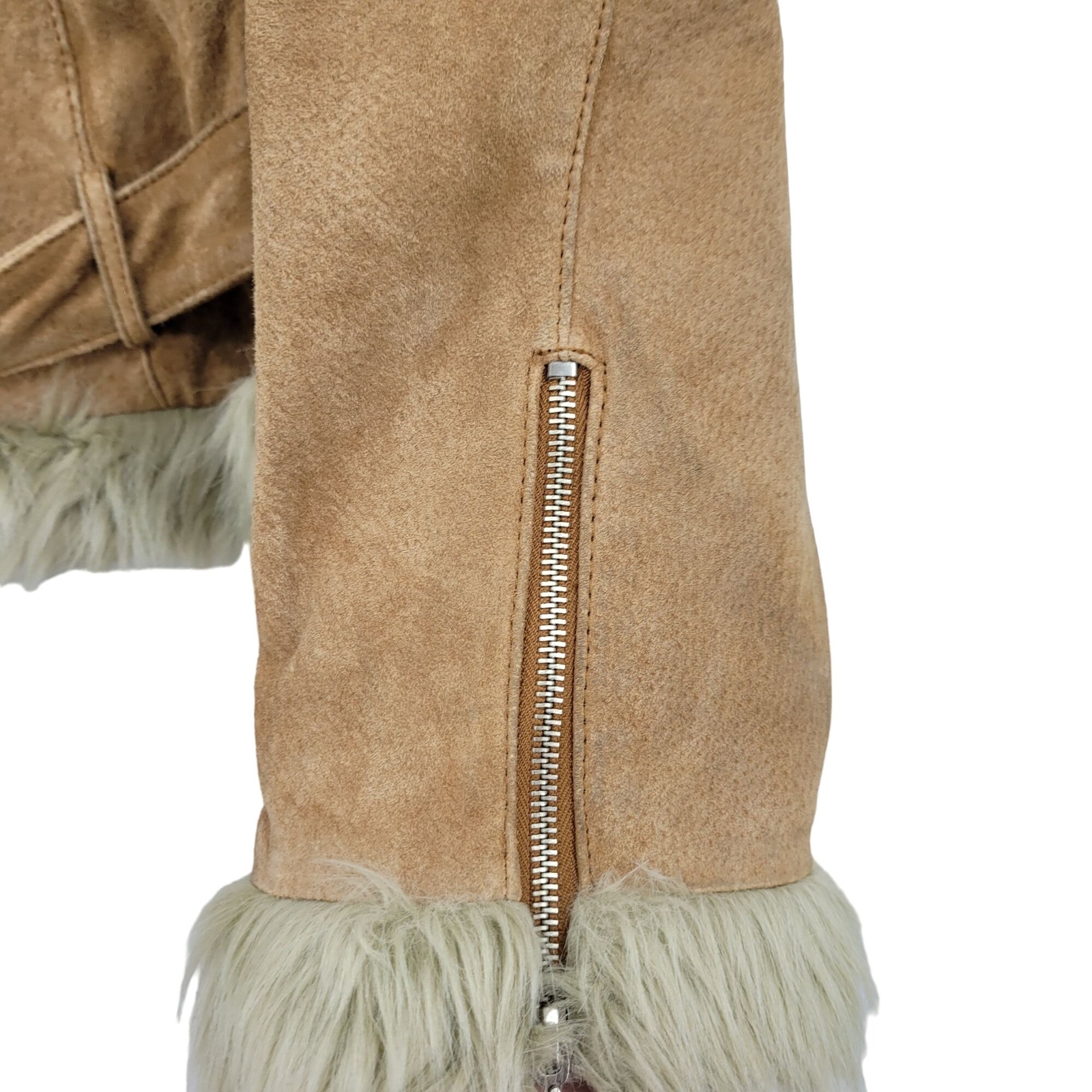 Vintage 80’s Wilson’s Leather Jacket Tan L Belted Faux Fur Trim Snow Bunny
