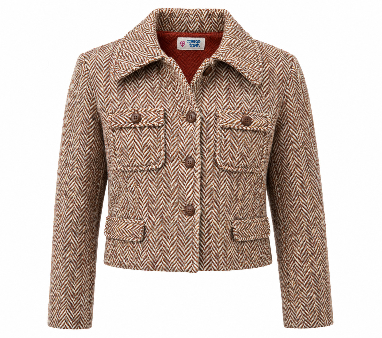 1970’s Vintage College Town Herringbone Tweed Jacket – Cropped Wool Blend Blazer