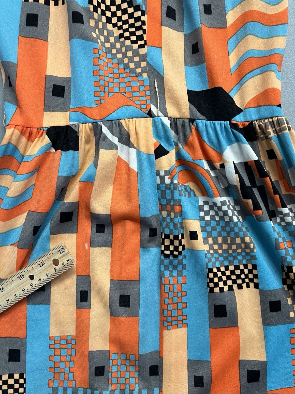 033 1970s Halter dress set, jacket, orange op-art Pat Sandler size XS VG!