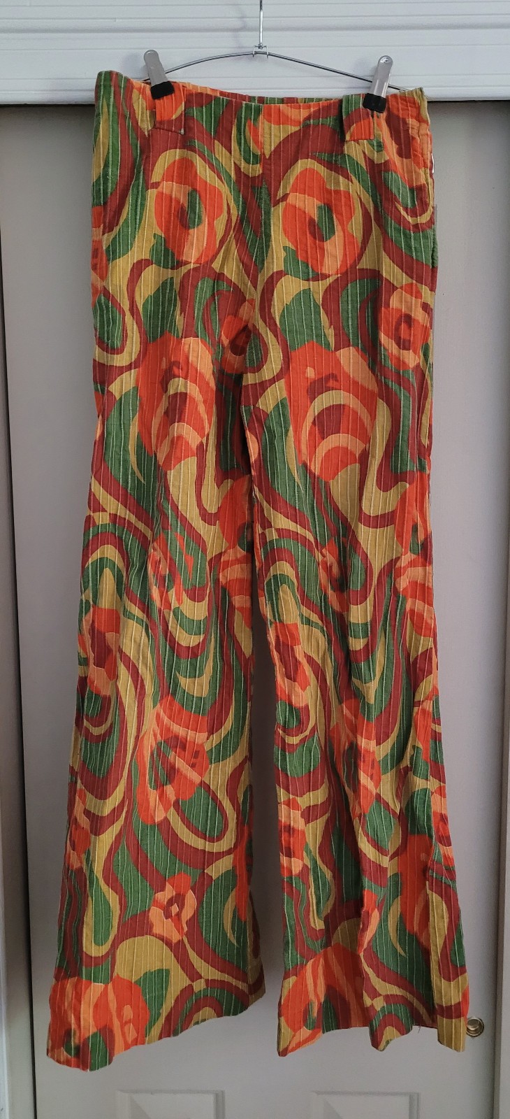 Vintage Hand-Sewn Pants Psychedelic 70s Pattern 26 1/2″ Waist Hippy Bell Bottom
