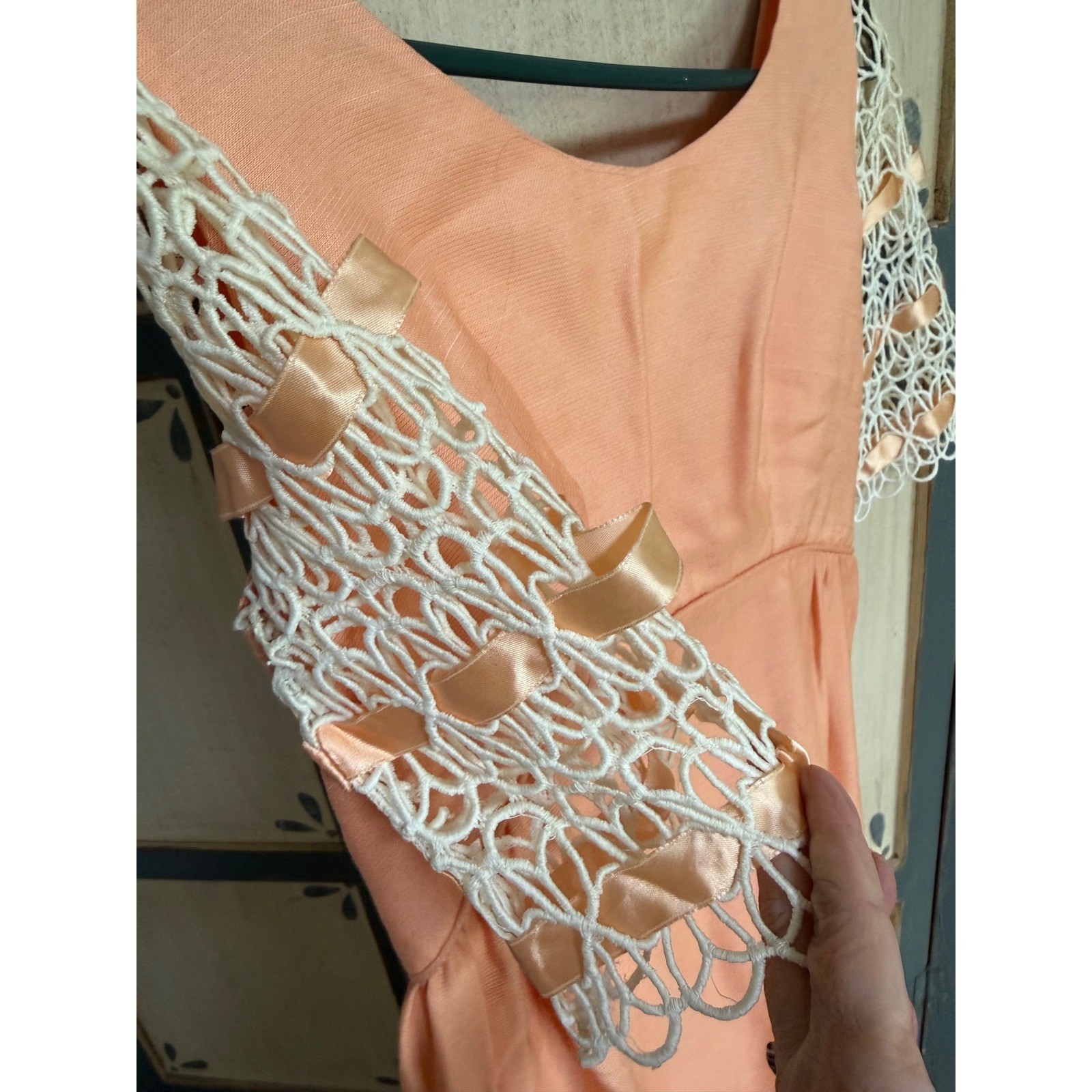 Vintage 60s Apricot Peach Empire Waist Maxi Dress Crochet Lace Ribbon Sleeve